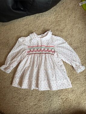 Vintage Polly Finders White Long-Sleeve Smocked Dress with Red Flower Buds